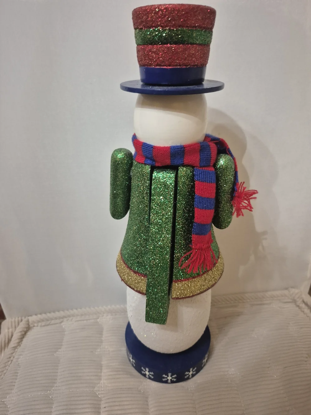 Festive Green Glitter Snowman Holiday Nutcracker with Red & Blue Accents